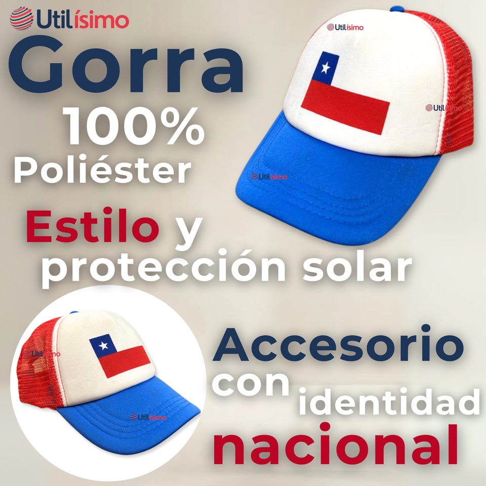 Gorro Jockey Talla Única Ajustable Malla Poliéster Estampado Chileno