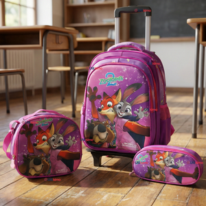 Mochila Escolar Con Ruedas + Estuche + Lonchera 46cm Desmontable Poliéster Fucsia Zootopia Niña