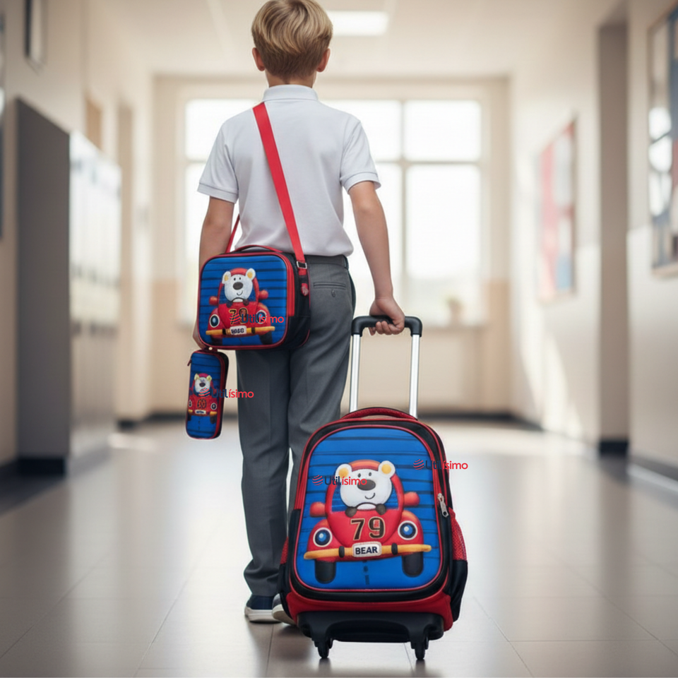 Mochila Escolar Con Ruedas + Estuche + Lonchera Poliéster Oso Niño