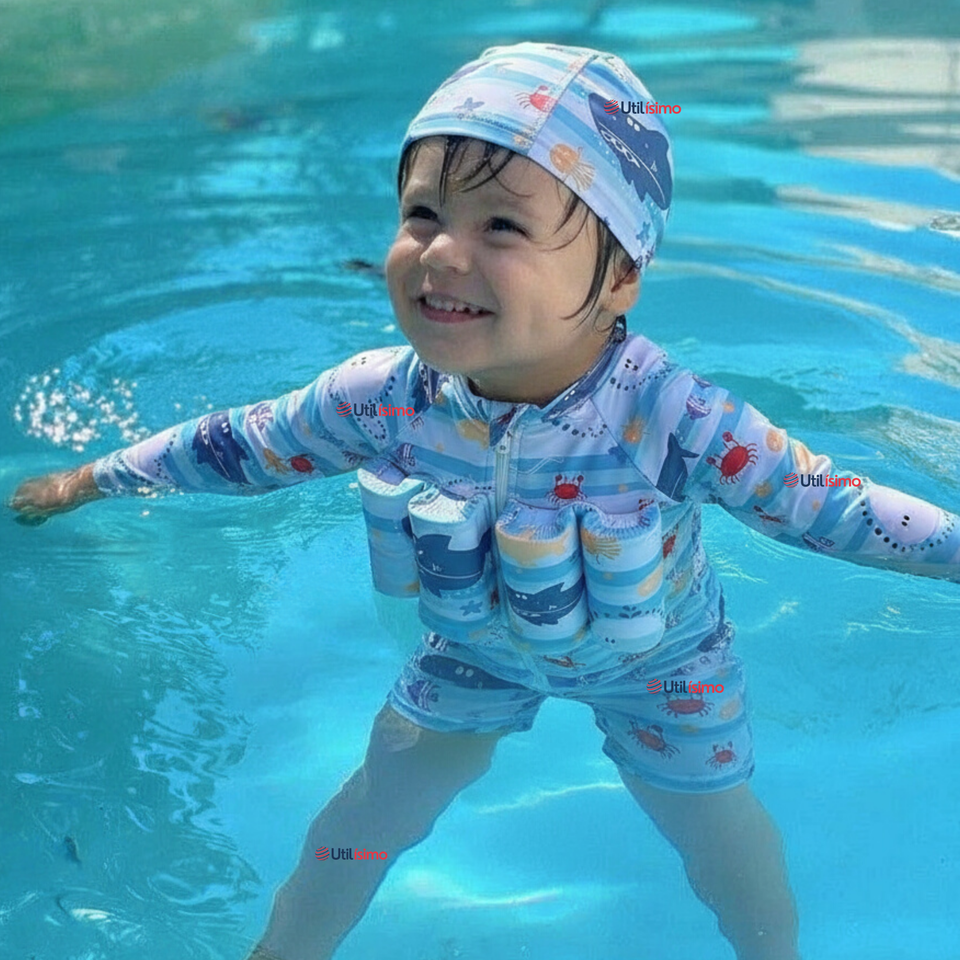 Traje de Baño Flotador Enterito Con Gorro Niño 2 Piezas 9 a 36 Meses Blue Sea