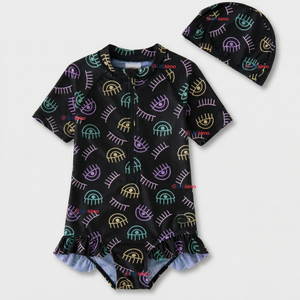 Traje de Baño Enterito Cremallera Manga Larga Con Gorro Niña 1 a 6 años Black