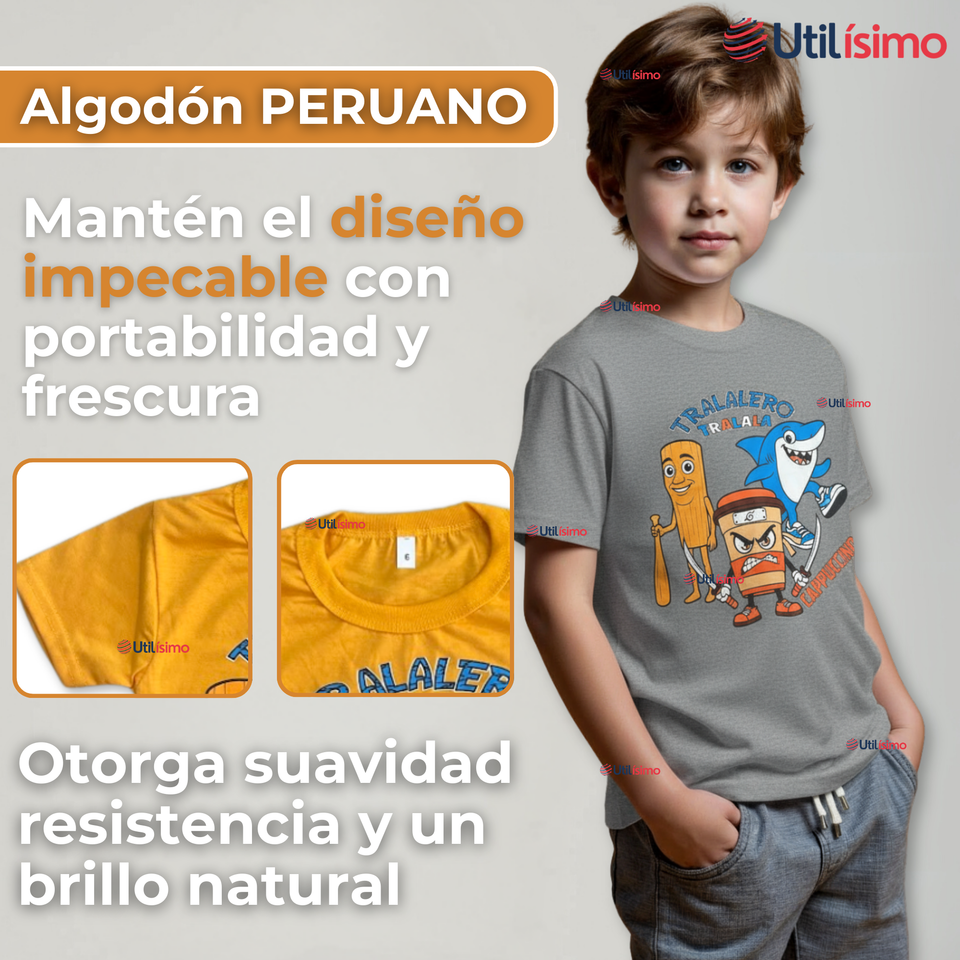 Polera Brainrots 100% Algodón Manga Corta Niño Tralalero Gris Claro