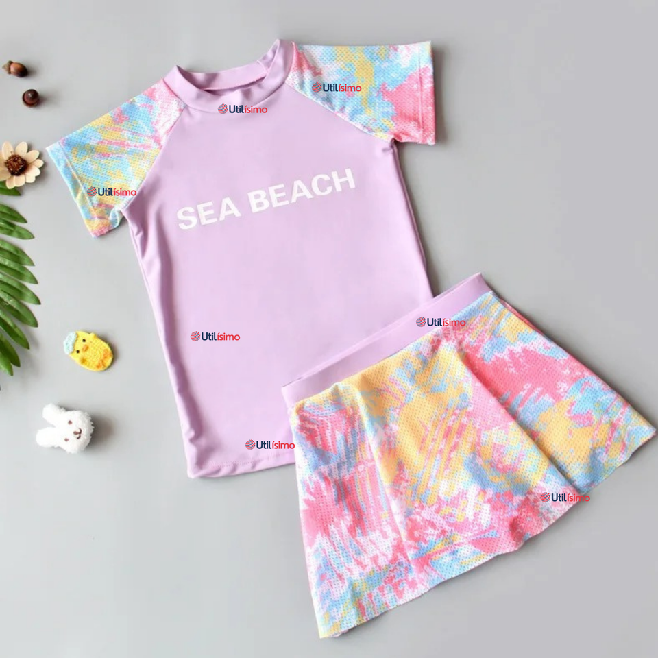 Traje De Baño Manga Corta y Pantalón Corto Con Falda 2 Piezas Niña de 6 a 13 Años Sea Beach