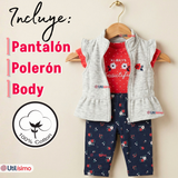 Conjunto 3 Piezas Buzo Pantalón Polerón Body De Algodón Rosado Flores Bebé Niña