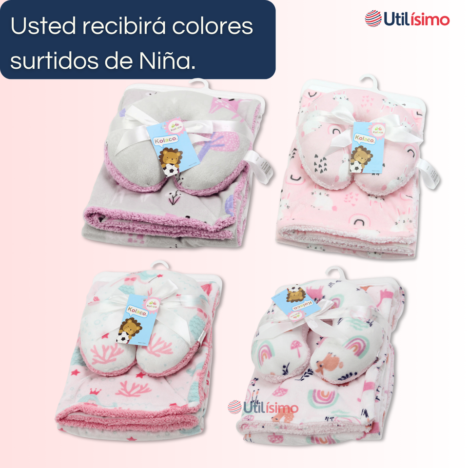 Set Manta Frazada Polar Para Bebé Niña + Cojín Para Cuello