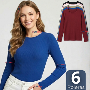 Pack 6 Camisetas Poleras Polar Primera Capa Acanalada Reductora Manga Larga Colores Surtidos Mujer