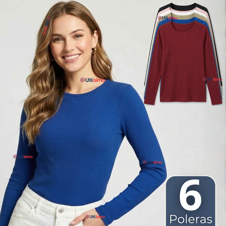 Pack 6 Camisetas Poleras Polar Primera Capa Acanalada Reductora Manga Larga Colores Surtidos Mujer