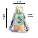 Botella Plástica 600ML Con Bombilla y Correa Kawai Sin BPA Niños