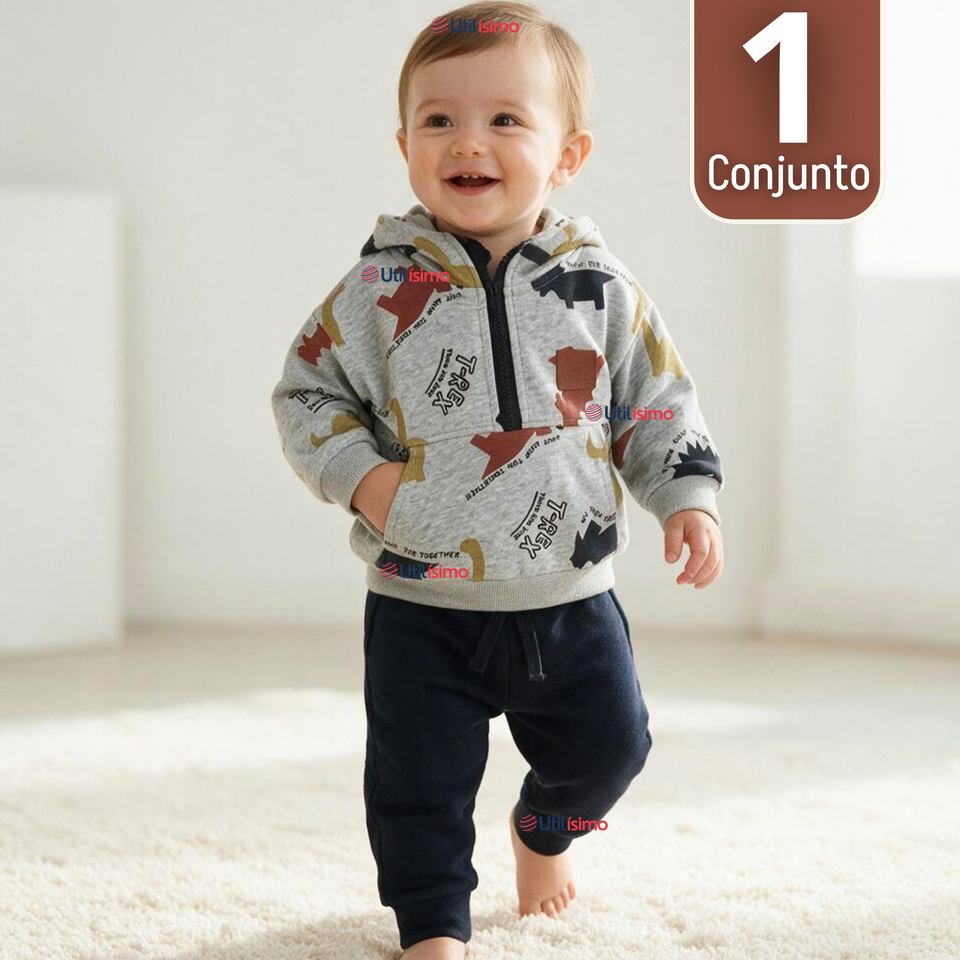 Conjunto 2 Piezas Polerón con Capucha y Pantalón 100% Algodón Bebé Niño Gray Dinosaur
