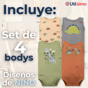 Pack 4 Bodys Niño Sin Manga Tedmimak 100% Algodón Baby Dino