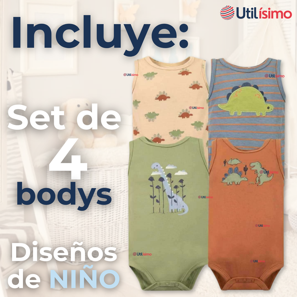 Pack 4 Bodys Niño Sin Manga Tedmimak 100% Algodón Baby Dino