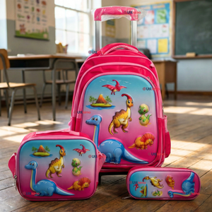 Mochila Escolar Con Ruedas + Estuche + Lonchera 46cm Desmontable Poliéster Rosa Dinosaurio Niña