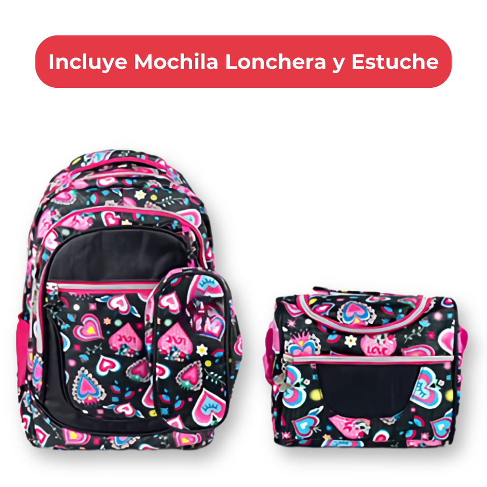 Mochila Con Lonchera Y Estuche 45CM Diseño Estampado Niña