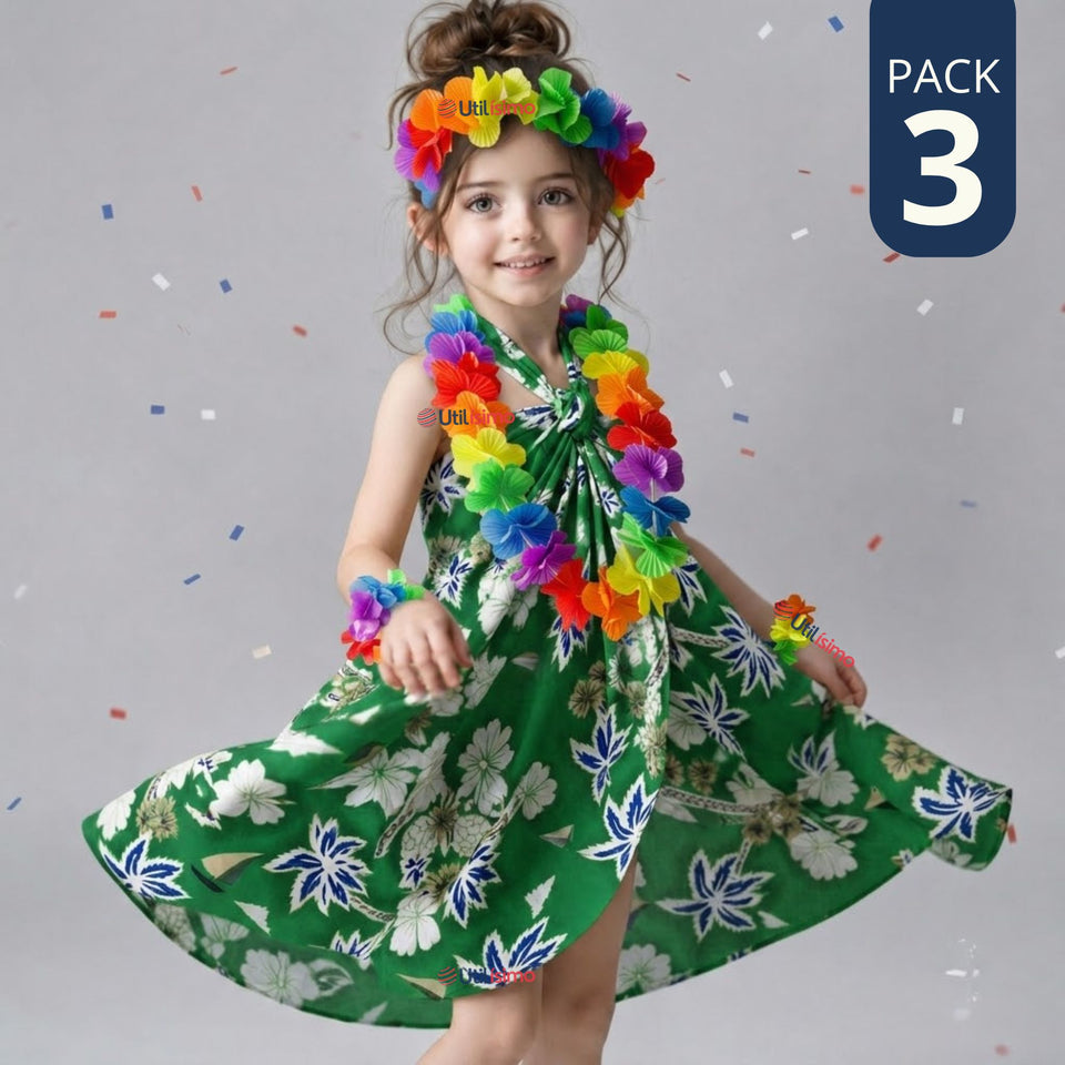 Pack 3 Trajes Páscuense Pareo Hawaiano Verde Niña Con Accesorios