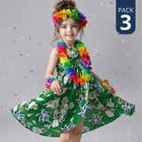 Pack 3 Trajes Páscuense Pareo Hawaiano Verde Niña Con Accesorios