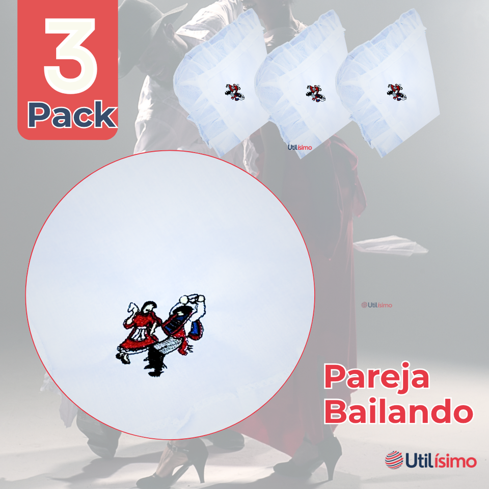 Pack 3 Pañuelos Baile Cueca 36 CM Con Bordes Bordado Pareja Fiestas Patrias