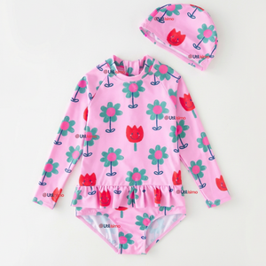 Traje de Baño Enterito Cremallera Manga Larga Con Gorro Niña 1 a 6 años Pink Flowers