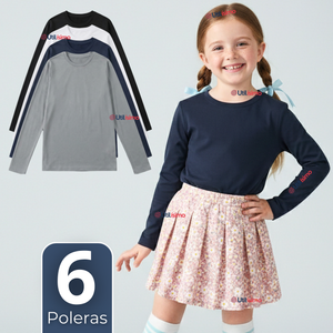 Pack 6 Poleras Camisetas Polar Primera Capa Cuello Redondo Manga Larga Colores Surtido Niña