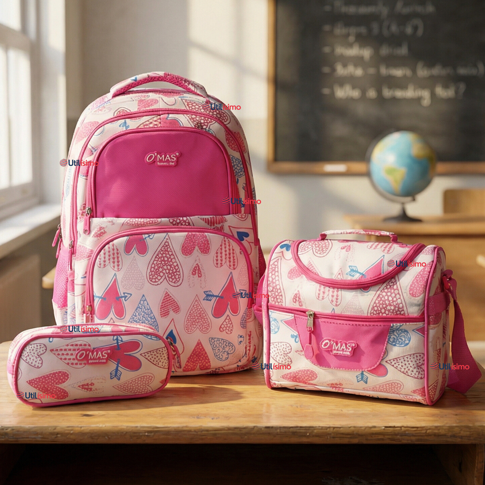 Mochila Escolar + Estuche + Lonchera 43cm Tela Oxford Rosa Corazones Niña