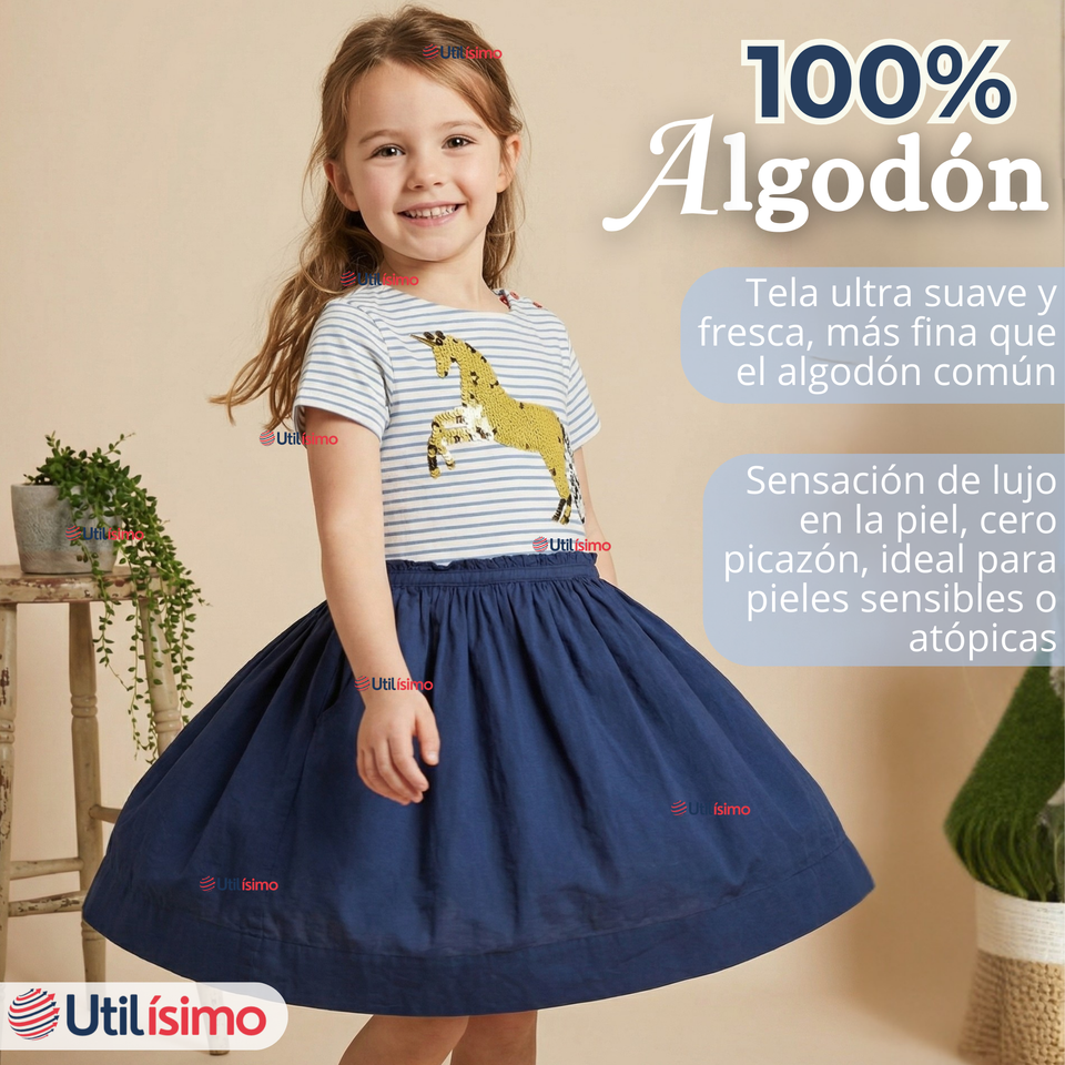 Vestido Manga Corta Casual Azul Unicornio Lentejuela Verano Niña 2 a 7 años