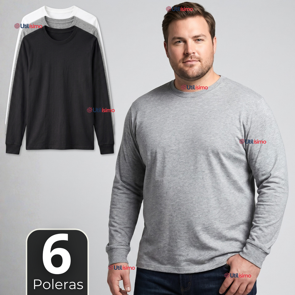 Pack 6 Camisetas Poleras 100% Algodón Manga Larga Cuello Redondo Primera Capa Hombre