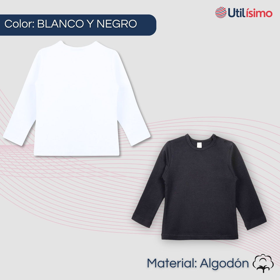 Pack 6 Camisetas Algodón Manga Larga Polera Niña Primera Capa Blanco y Negro