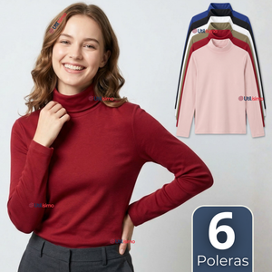 Pack 6 Camisetas Poleras Bambú Primera Capa Cuello Beatle Manga Larga Colores Surtidos Mujer