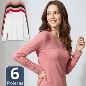 Pack 6 Camisetas Poleras Bambú Cuello V Manga Larga Con Encaje Colores Surtidos Mujer