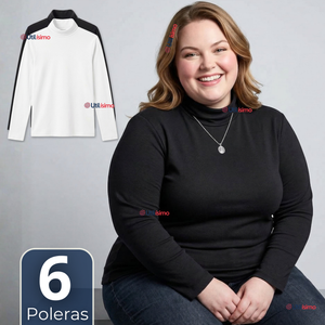 Pack 6 Camisetas Poleras Bambú Primera Capa Cuello Beatle Manga Larga Blanco Negro Mujer