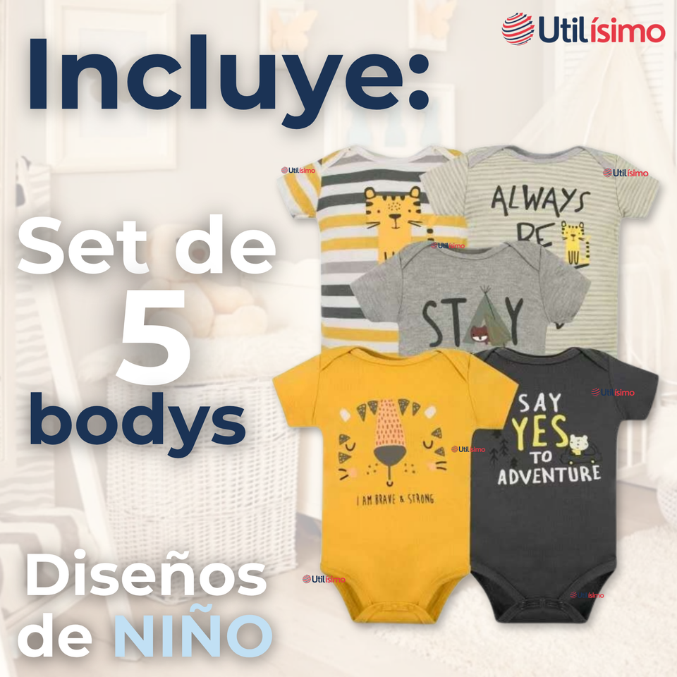 Pack 5 Bodys Niño Manga Corta Tedmimak 100% Algodón Baby Tiger