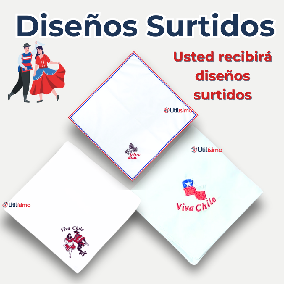 Pack 6 Pañuelos Baile Cueca 45 CM Bordados Fiestas Patrias Surtidos