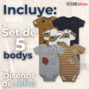 Pack 5 Bodys Niño Manga Corta Tedmimak 100% Algodón Dino Roar