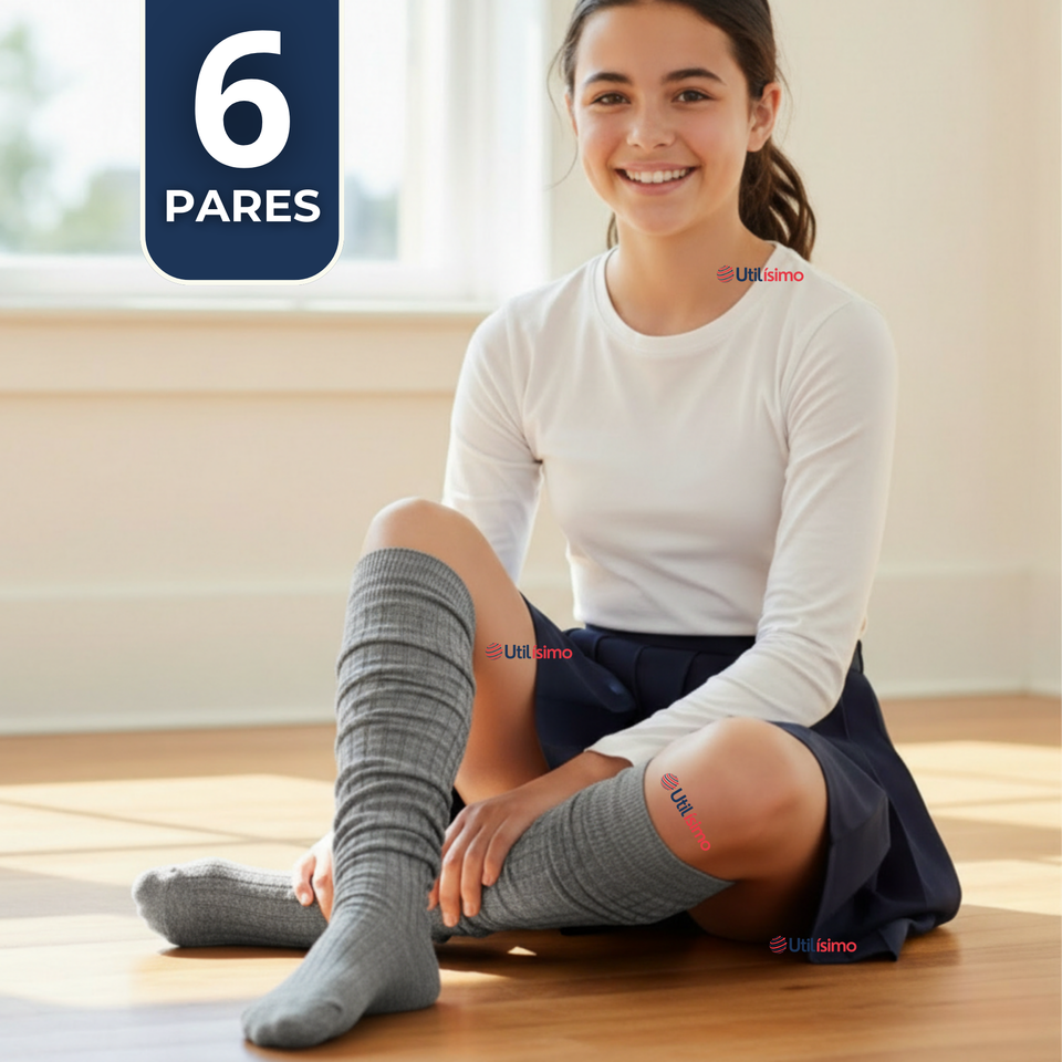 Pack 6 Bucaneras Escolares Calcetines Acrílico Gris Premium Niña y Juvenil