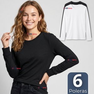 Pack 6 Camisetas Poleras Bambú Primera Capa Manga Larga Blanco Negro Mujer