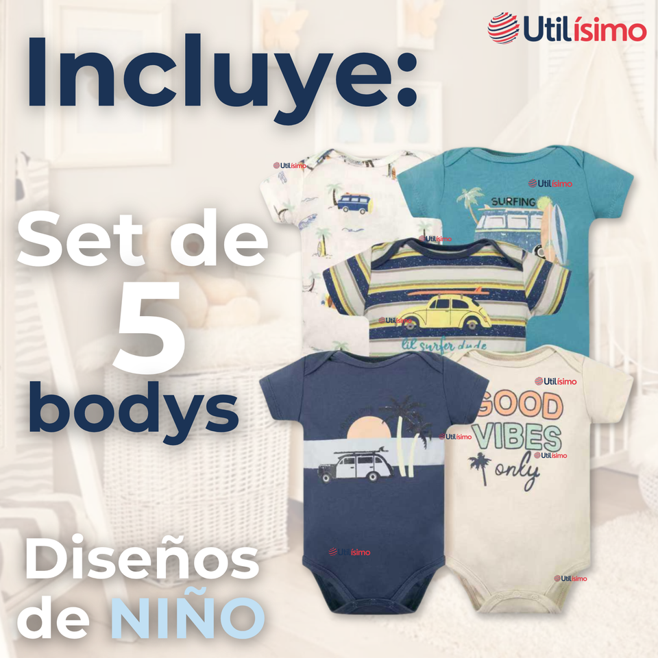 Pack 5 Bodys Niño Manga Corta Tedmimak 100% Algodón Baby on Board