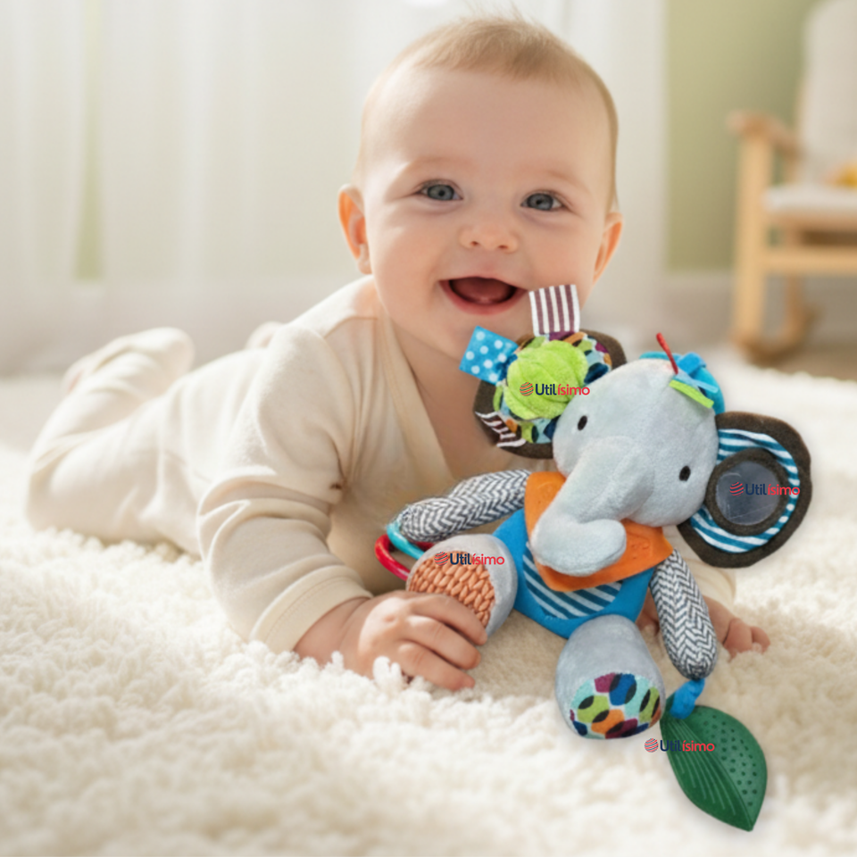 Juguete Peluche Animales Sensorial Con Mordedor Y Sonajero Diseño Elefante Niña y Niño