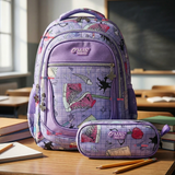 Mochila Escolar Con Estuche 43cm Tela Oxford Lila Niña