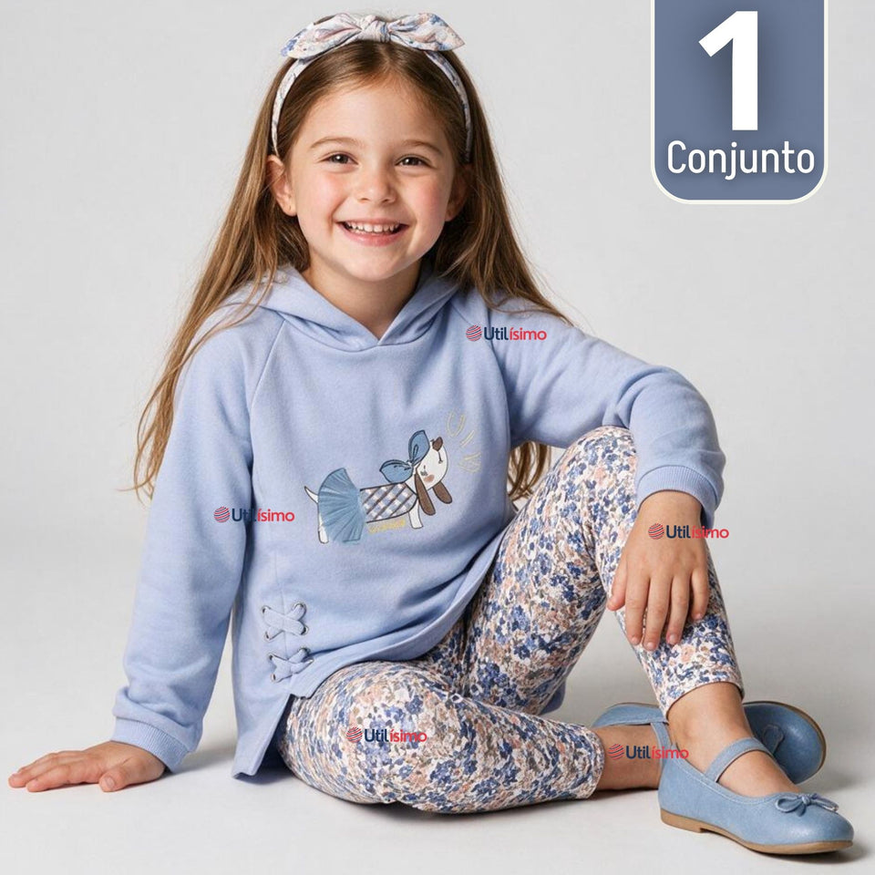 Conjunto 2 Piezas Polerón con Capucha y Buzo 100% Algodón Niña Tedmimak Blue Puppy