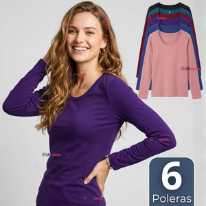Pack 6 Camisetas Poleras Bambú Primera Capa Manga Larga Colores Surtidos Mujer