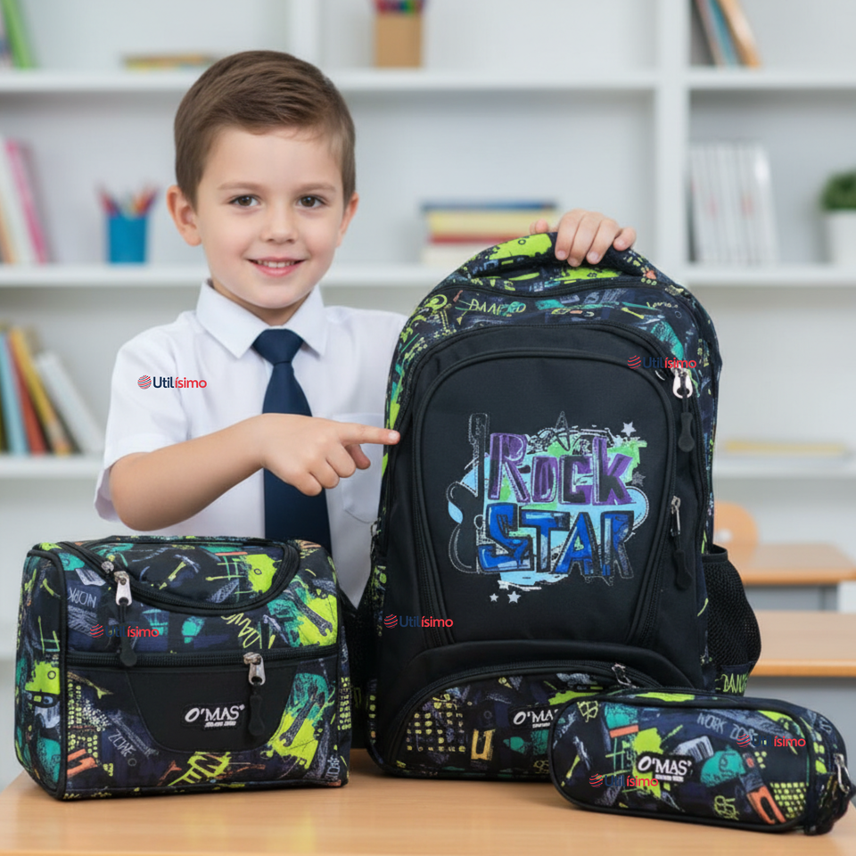 Mochila Escolar Kit Con Estuche y Lonchera 43cm Tela Oxford Rock Star Niño