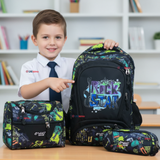 Mochila Escolar Kit Con Estuche y Lonchera 43cm Tela Oxford Rock Star Niño