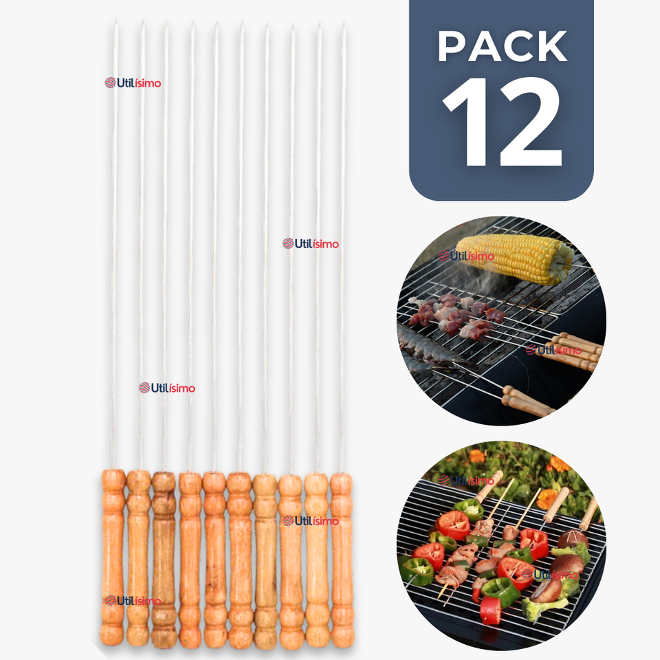 Pack 12 Pinchos De 40cm Para Anticuchos Brochetas Asados Mango De Madera