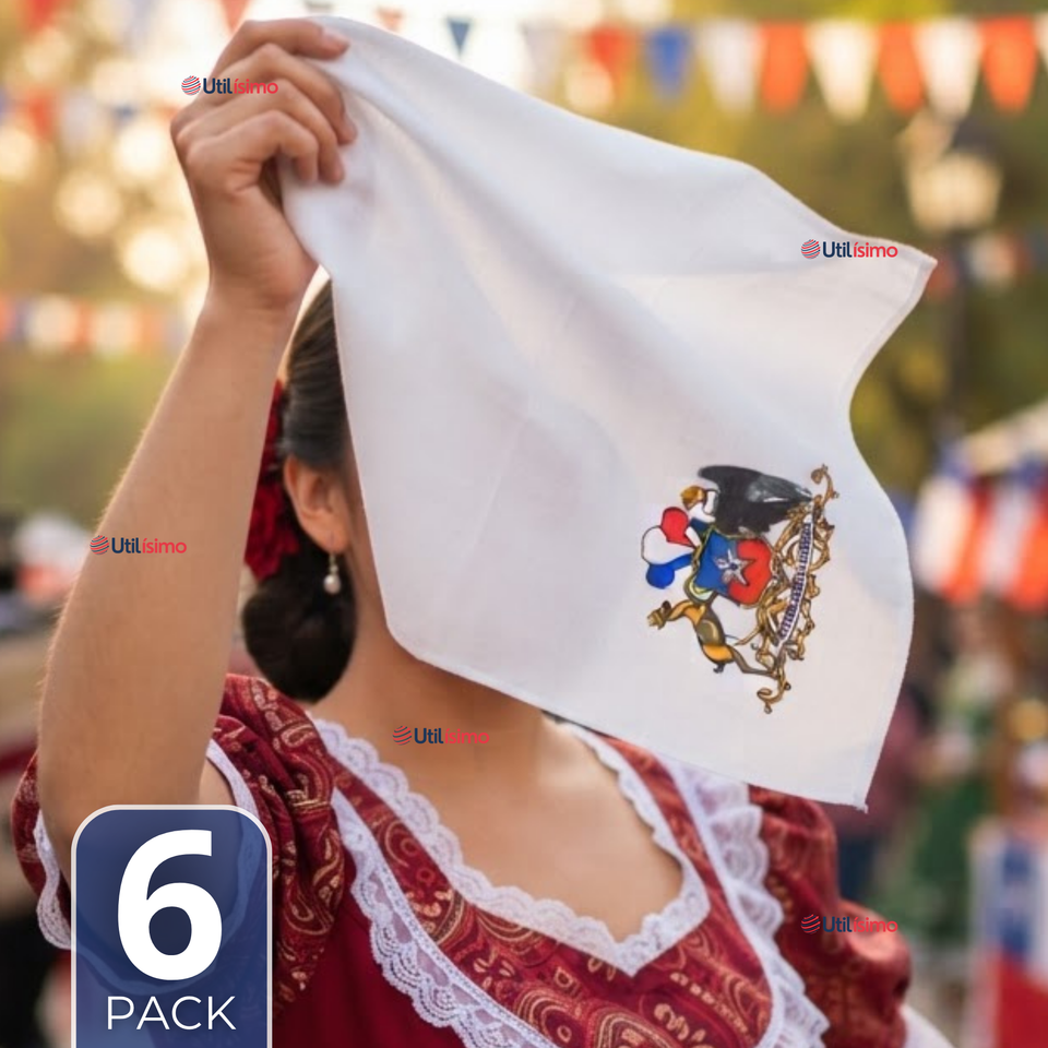 Pack 6 Pañuelos Baile Cueca 36cm Bordado Escudo Chileno Algodón Fiestas Patrias