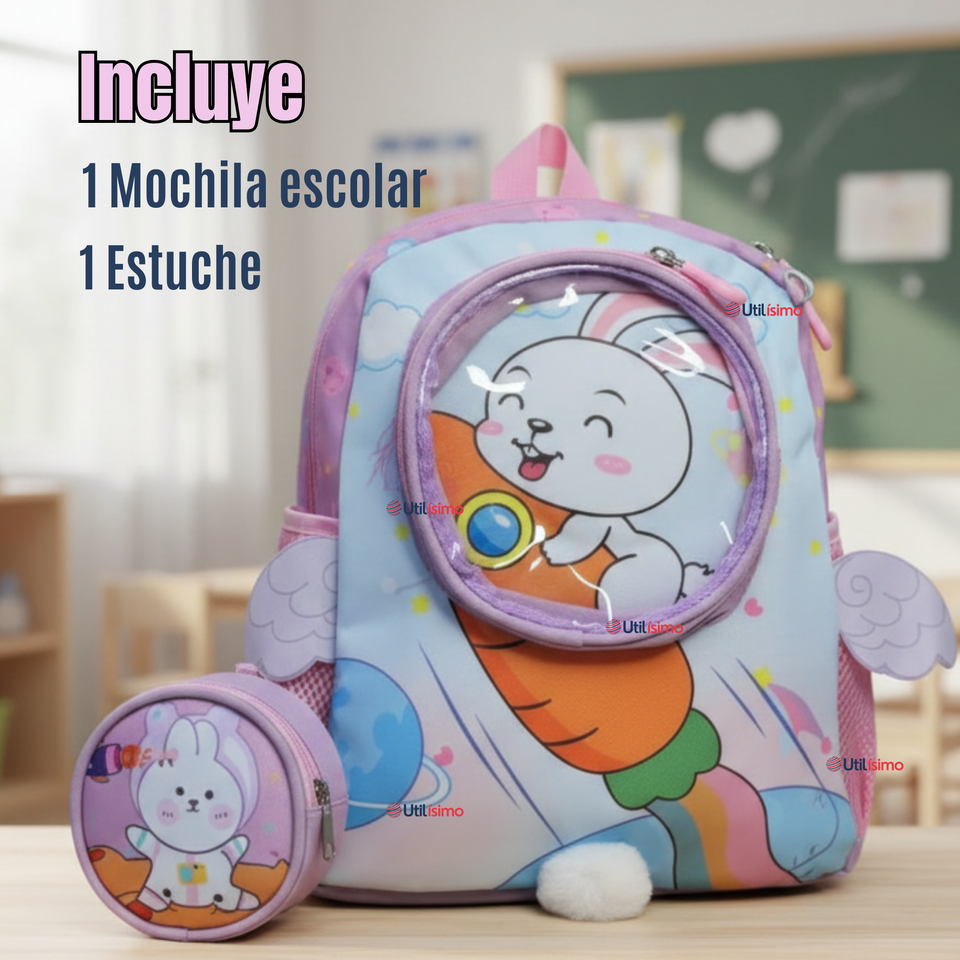 Mochila Escolar Con Estuche 33cm Poliéster Impermeable Conejita Niña