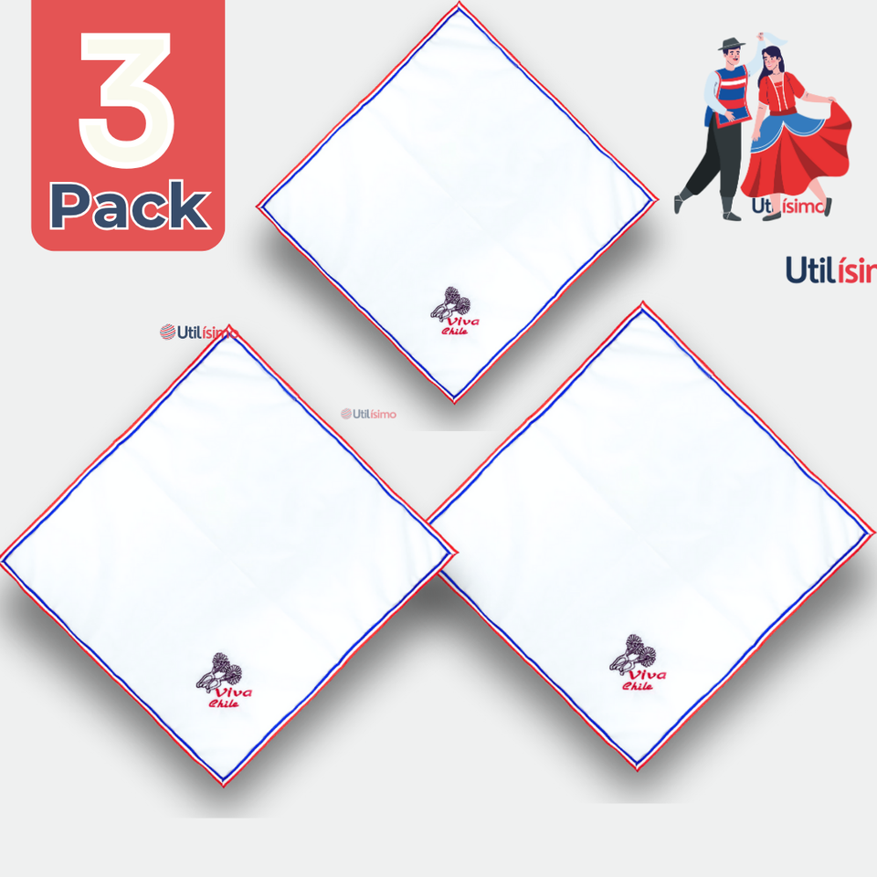 Pack 3 Pañuelos Baile Cueca 45CM Bordado Espuelas Fiestas Patrias