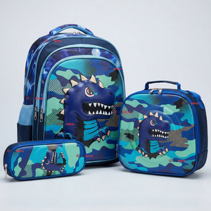 Mochila Escolar + Estuche + Lonchera 40cm Tela Oxford Azul Dinosaurio 3D Niño