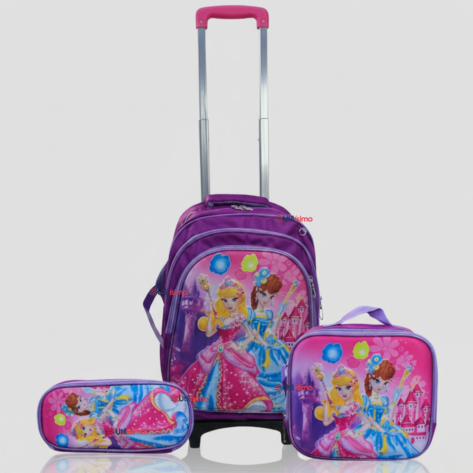 Mochila Escolar Con Ruedas + Estuche + Lonchera Poliéster Princesas Niña