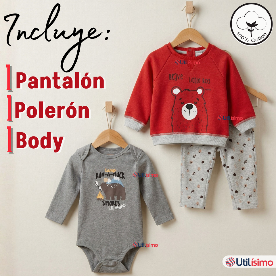 Conjunto 3 Piezas Buzo Pantalón Polerón Body De Algodón Rojo Bebé Niño
