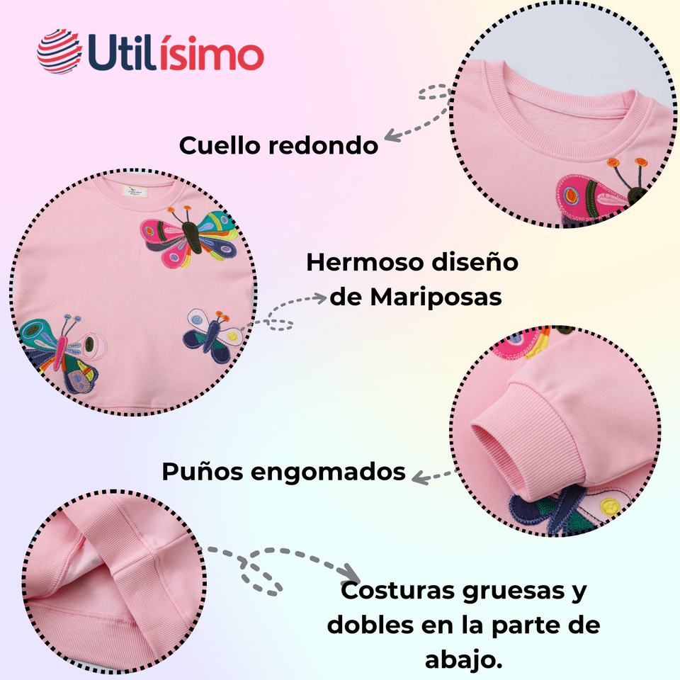 Poleron Cuello Redondo Niña Rosado Mariposa