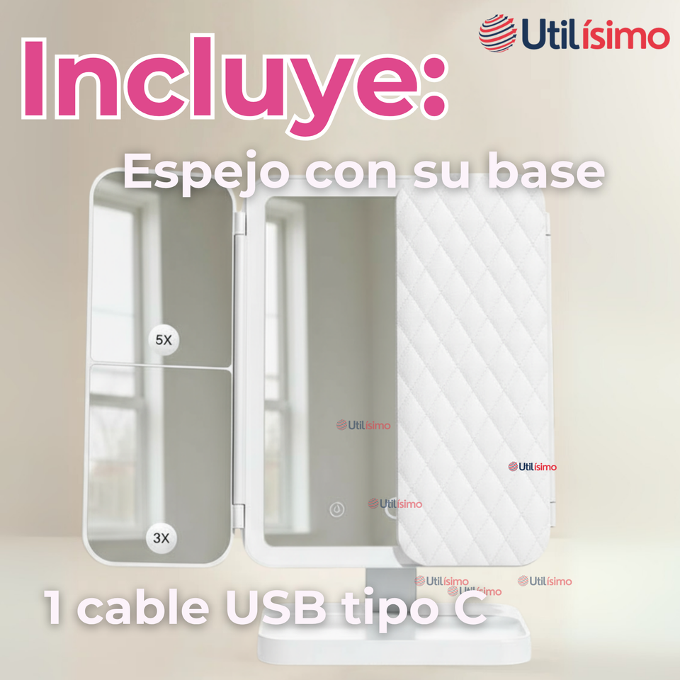 Espejo De Maquillaje Tri Plegable Con Luces LED Recargable